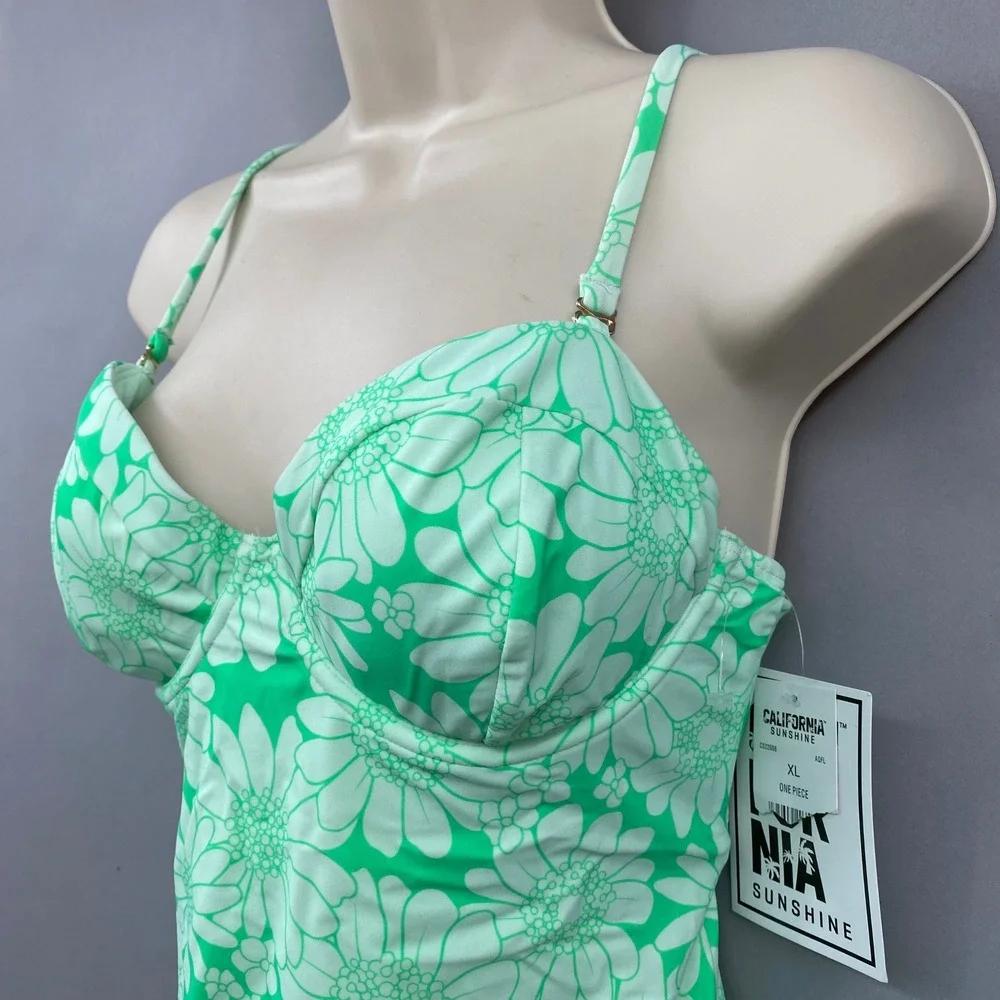 California Sunshine Womens Floral One Piece Swimsuit Lime Green White XL CS22006